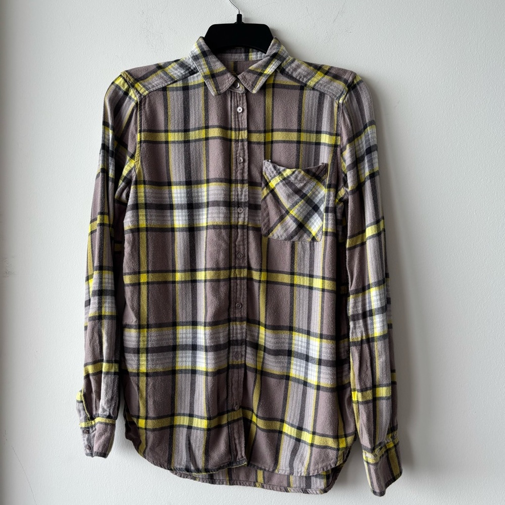 Express Boyfriend Button Up Shirt Plaid Flannel Gray Yellow Women XS 2016 Rocker